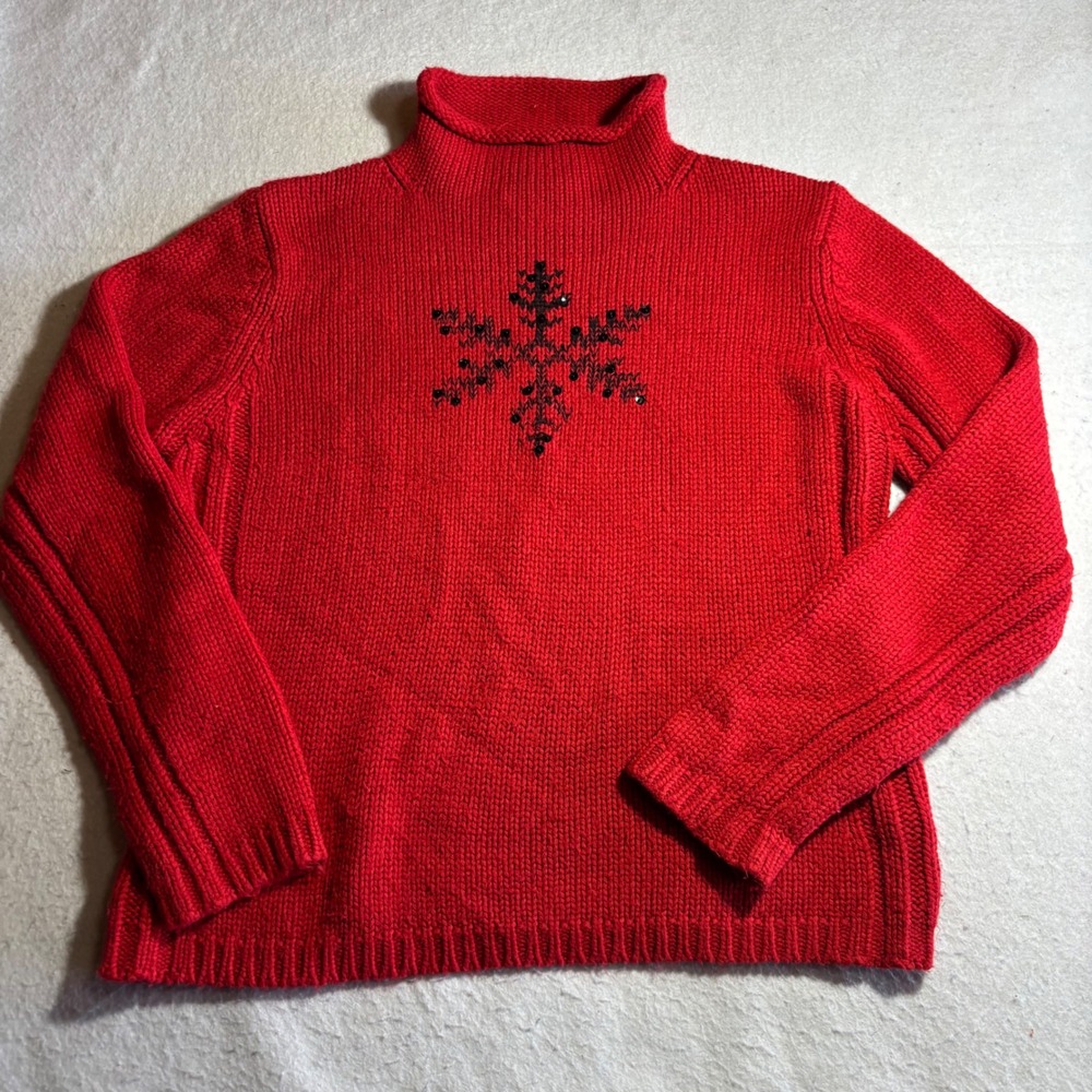 Vintage St Johns Bay Womens Red Snowflake Sequin Mock Neck Shaker Knit Sweater L